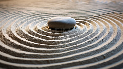 Japan, Zen and garden in sand with stone for mindfulness and spirituality. Pattern, pebble and practise for peace, stress free and mental health for religion, tradition, calm, body, mind and soul