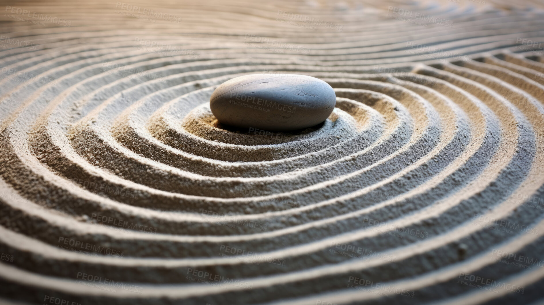 Buy stock photo Japan, Zen and garden in sand with stone for mindfulness and spirituality. Pattern, pebble and practise for peace, stress free and mental health for religion, tradition, calm, body, mind and soul