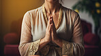 Woman, Prayer and meditation in bedroom at sunset or sunrise, for mindfulness and spirituality worship. Prayer hands, peaceful and religion practise calming for mental health, zen and stress free