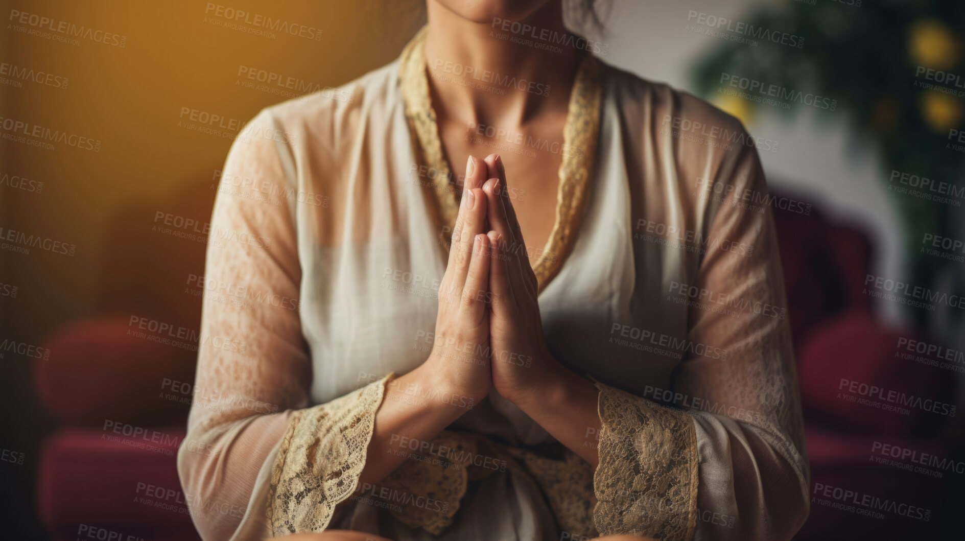 Buy stock photo Woman, Prayer and meditation in bedroom at sunset or sunrise, for mindfulness and spirituality worship. Prayer hands, peaceful and religion practise calming for mental health, zen and stress free