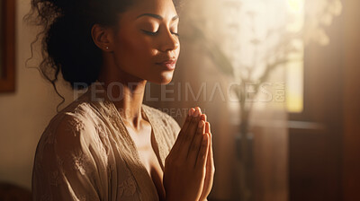 Woman, African and meditation in bedroom at sunset or sunrise, for mindfulness and spirituality worship. Prayer hands, peaceful and religion practise calming for mental health, zen and stress free