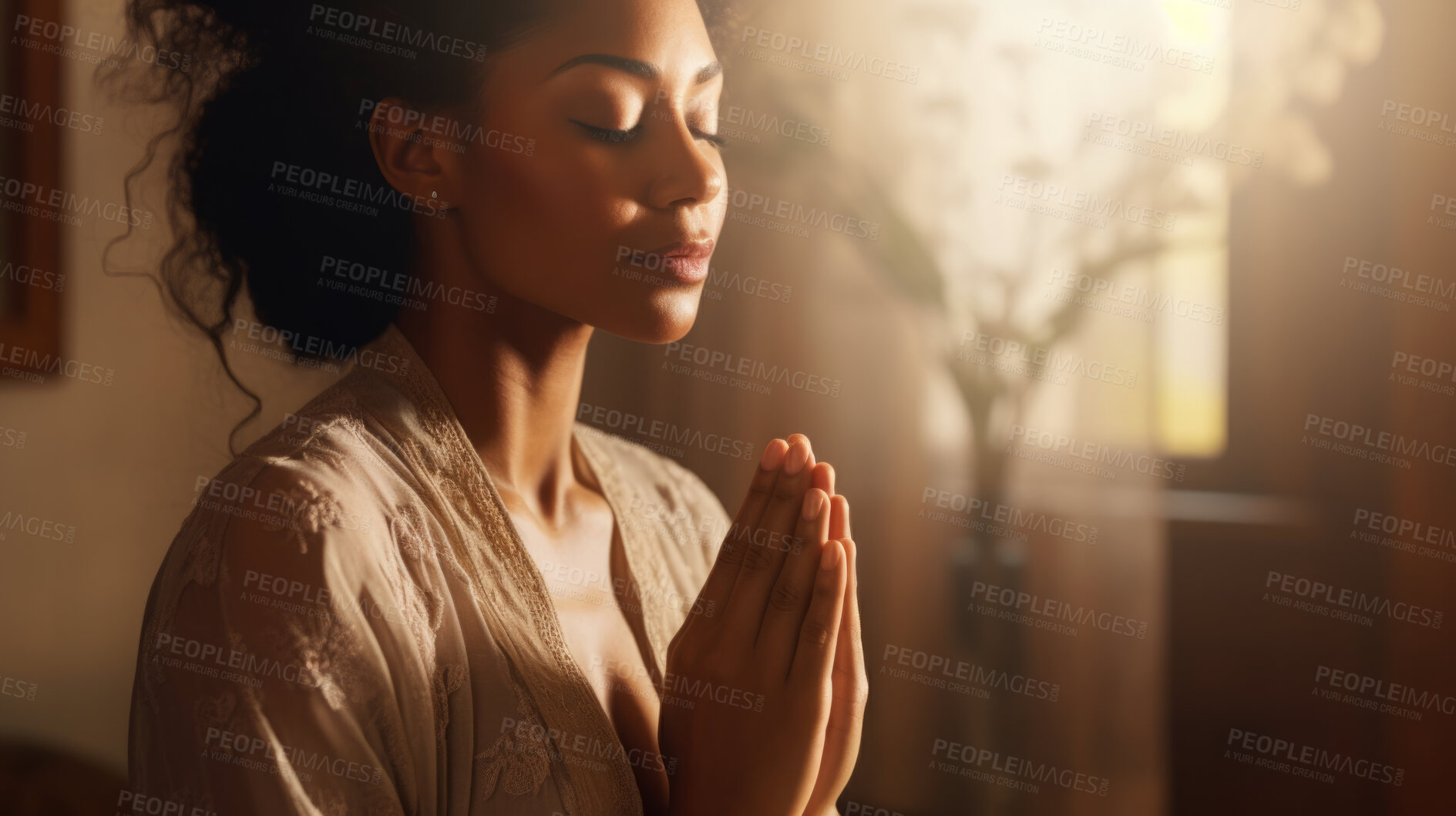 Buy stock photo Woman, African and meditation in bedroom at sunset or sunrise, for mindfulness and spirituality worship. Prayer hands, peaceful and religion practise calming for mental health, zen and stress free