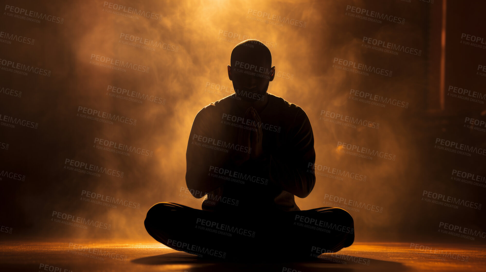 Buy stock photo Man, silhouette and meditation in nature at sunset or sunrise, for mindfulness and spirituality worship. Prayer hands, peaceful and religion practise with view for mental health, zen and stress free