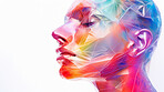 Poly, abstract, digital woman face on a white background for design, 3D render or art. Face, plexus design and connection points for science, network and artificial intelligence concept