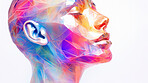 Poly, abstract, digital woman face on a white background for design, 3D render or art. Face, plexus design and connection points for science, network and artificial intelligence concept