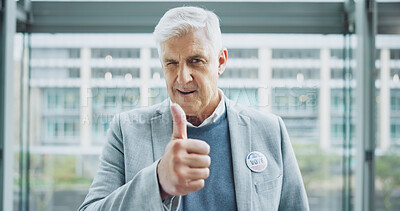 Buy stock photo Senior man, thumbs up and politician for vote, thank you and feedback on choice, decision and politics. Mature person, wink and support in review, agreement and motivation to register for election