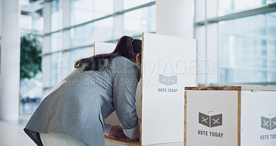 Buy stock photo Vote booth, election and woman at station for politics, freedom in democracy or human rights. Polling, back and person at ballot for choice, equality or decision of government, party or state patriot