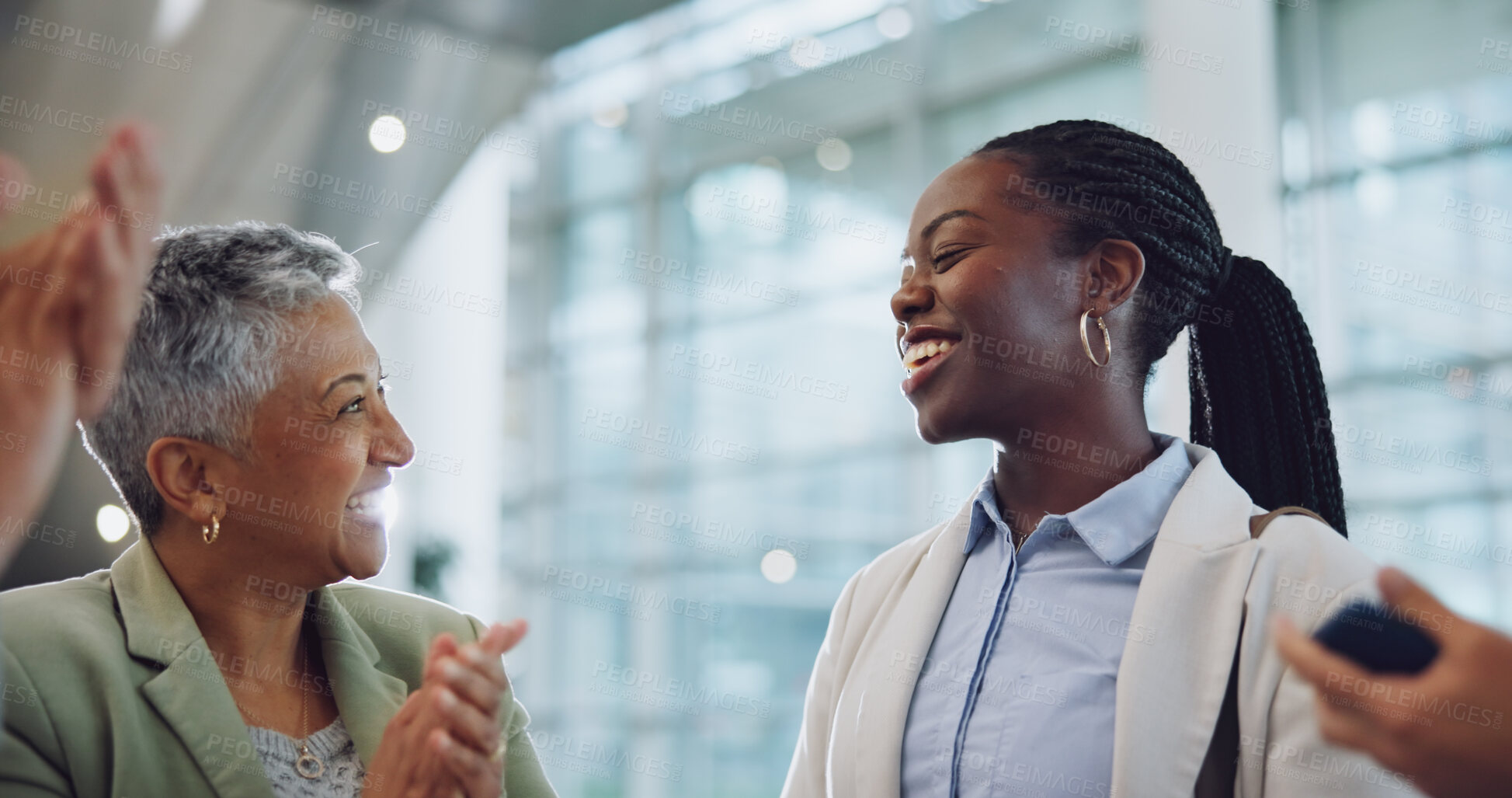 Buy stock photo Woman, team and clapping for achievement, promotion or bonus at work, good news and success. Happy black person, wow and celebration for congratulations, growth or support for opportunity by applause