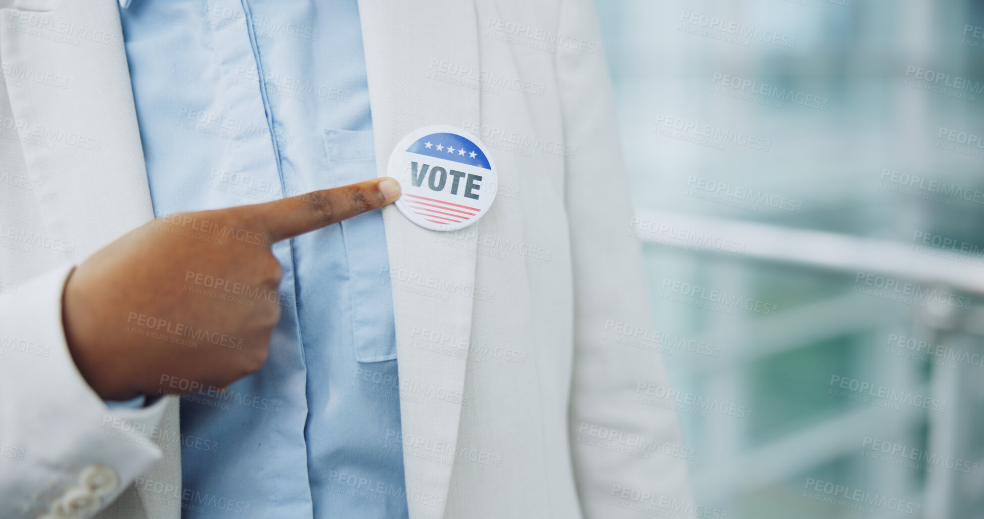 Buy stock photo Hand, sticker and vote for president election or cast ballot, poll station for government selection. Black person, finger pointing and badge for politics decision support, patriotic or usa opinion