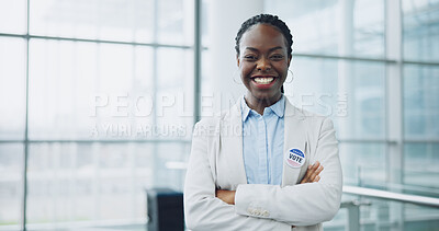 Buy stock photo Woman, vote and portrait for politics, arms crossed and badge for support, patriotic and member. Elections, voter choice and campaign for democracy, registration and sticker for voting register
