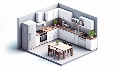 Buy stock photo Kitchen, 3D render or room design furniture for cooking, 3d model or interior concept and kitchenware in home. Cubic, artwork or illustration for virtual reality game application with furniture or remodelling