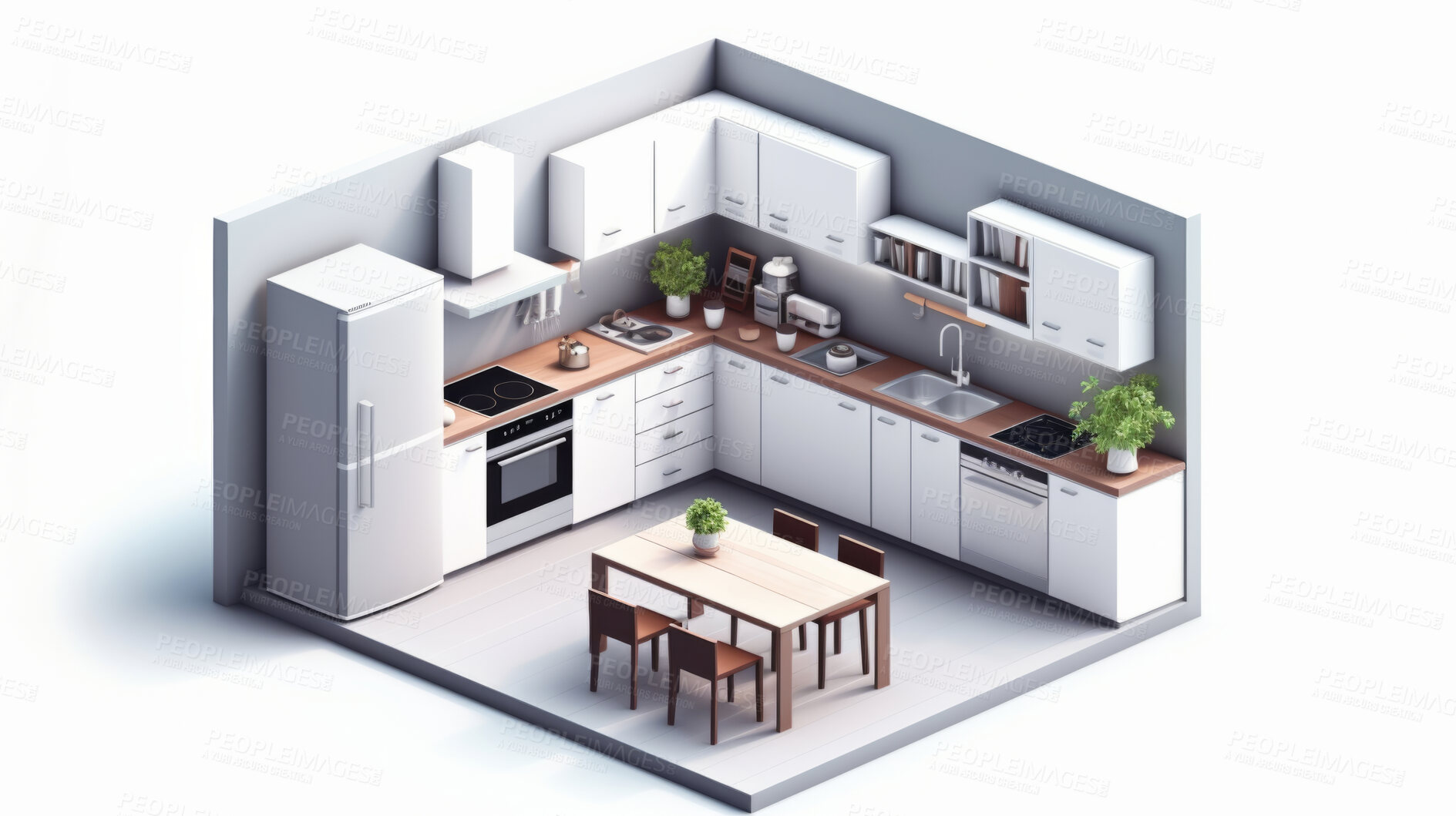 Buy stock photo Kitchen, 3D render or room design furniture for cooking, 3d model or interior concept and kitchenware in home. Cubic, artwork or illustration for virtual reality game application with furniture or remodelling