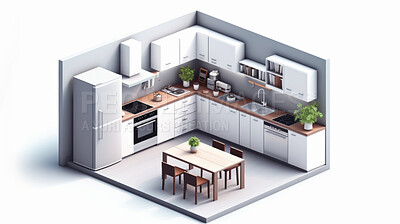 Kitchen, 3D render or room design furniture for cooking, 3d model or interior concept and kitchenware in home. Cubic, vector or illustration for virtual reality game application with furniture or remodelling