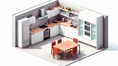 Buy stock photo Kitchen, 3D render or room design furniture for cooking, 3d model or interior concept and kitchenware in home. Cubic, artwork or illustration for virtual reality game application with furniture or remodelling