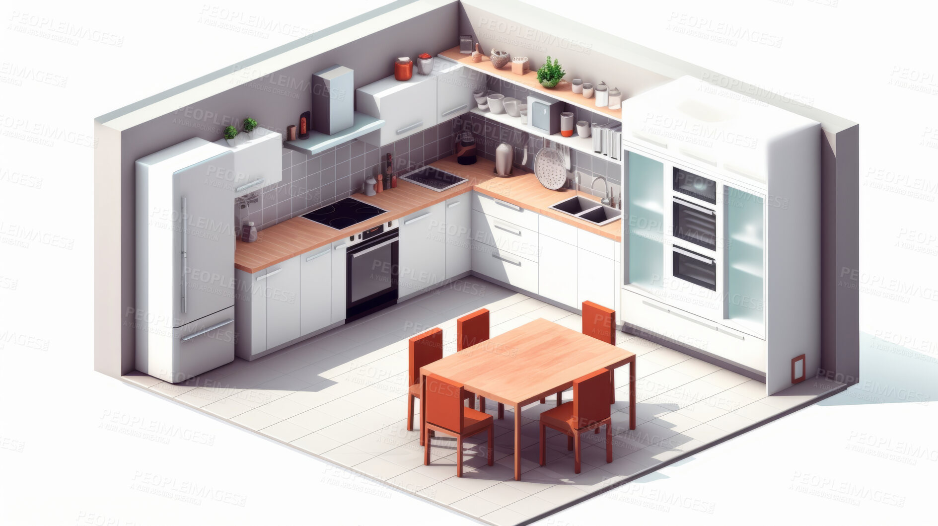 Buy stock photo Kitchen, 3D render or room design furniture for cooking, 3d model or interior concept and kitchenware in home. Cubic, artwork or illustration for virtual reality game application with furniture or remodelling