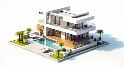 Luxury home, 3D render or architecture for holiday or leisure, 3d model or exterior concept of home. Cubic, artwork or illustration for virtual reality game application with furniture or remodelling