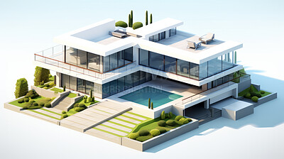 Luxury home, 3D render or architecture for holiday or leisure, 3d model or exterior concept of home. Cubic, vector or illustration for virtual reality game application with furniture or remodelling