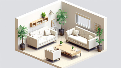 Buy stock photo Lounge, 3D render or living room area for relaxing or leisure, 3d model or interior concept in home. Cubic, artwork or illustration for virtual reality game application with furniture or remodelling