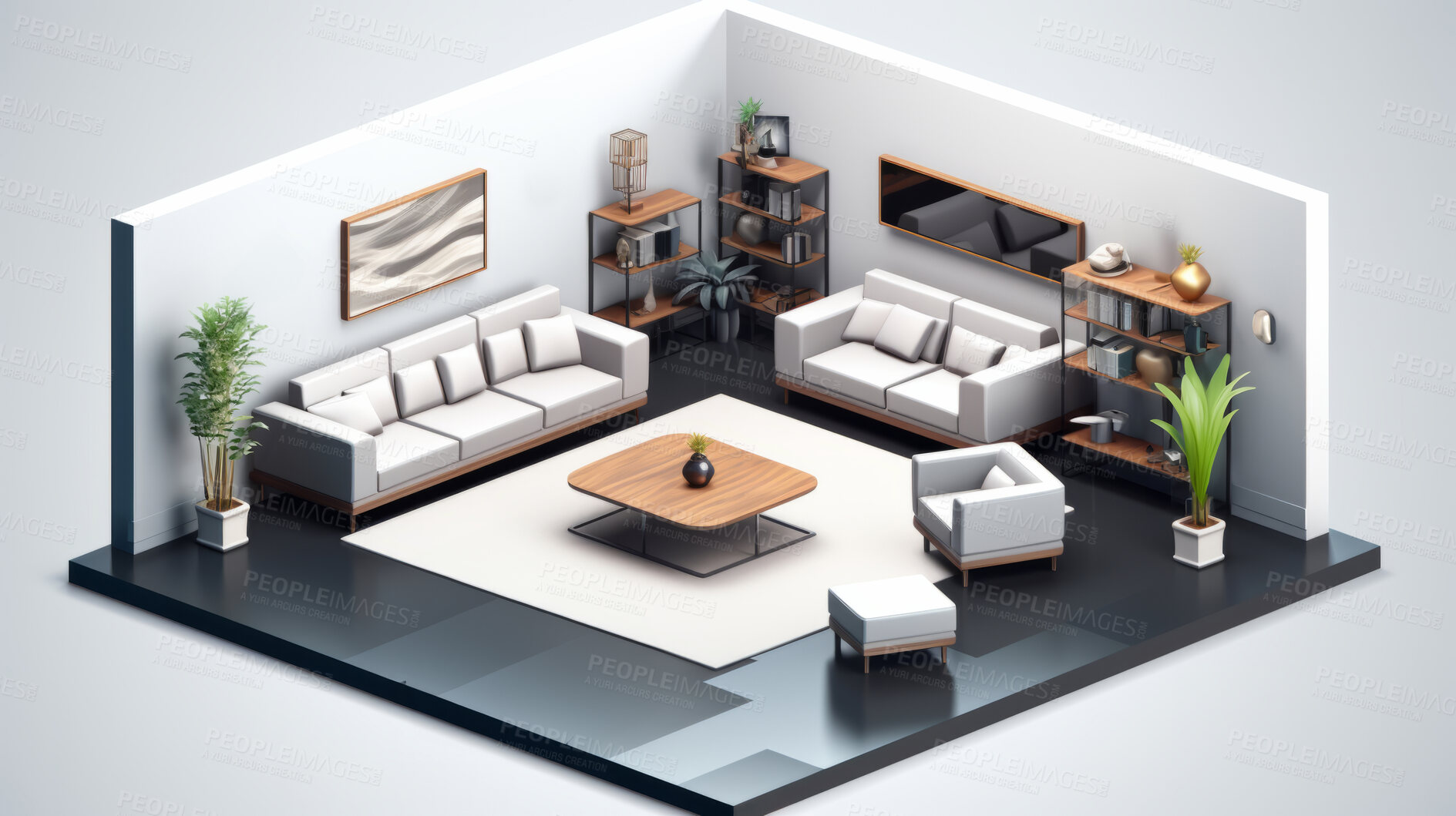 Buy stock photo Lounge, 3D render or living room area for relaxing or leisure, 3d model or interior concept in home. Cubic, artwork or illustration for virtual reality game application with furniture or remodelling