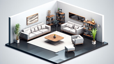Lounge, 3D render or living room area for relaxing or leisure, 3d model or interior concept in home. Cubic, vector or illustration for virtual reality game application with furniture or remodelling