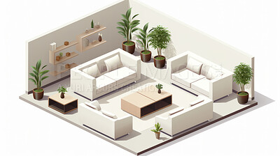 Lounge, 3D render or living room area for relaxing or leisure, 3d model or interior concept in home. Cubic, vector or illustration for virtual reality game application with furniture or remodelling
