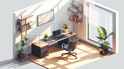 Home office, 3D render or professional space for work, freelance or interior concept in home. Cubicle, artwork, working space for work, job or virtual reality game application with furniture or remodelling
