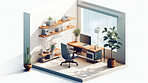 Home office, 3D render or professional space for work, freelance or interior concept in home. Cubicle, artwork, working space for work, job or virtual reality game application with furniture or remodelling