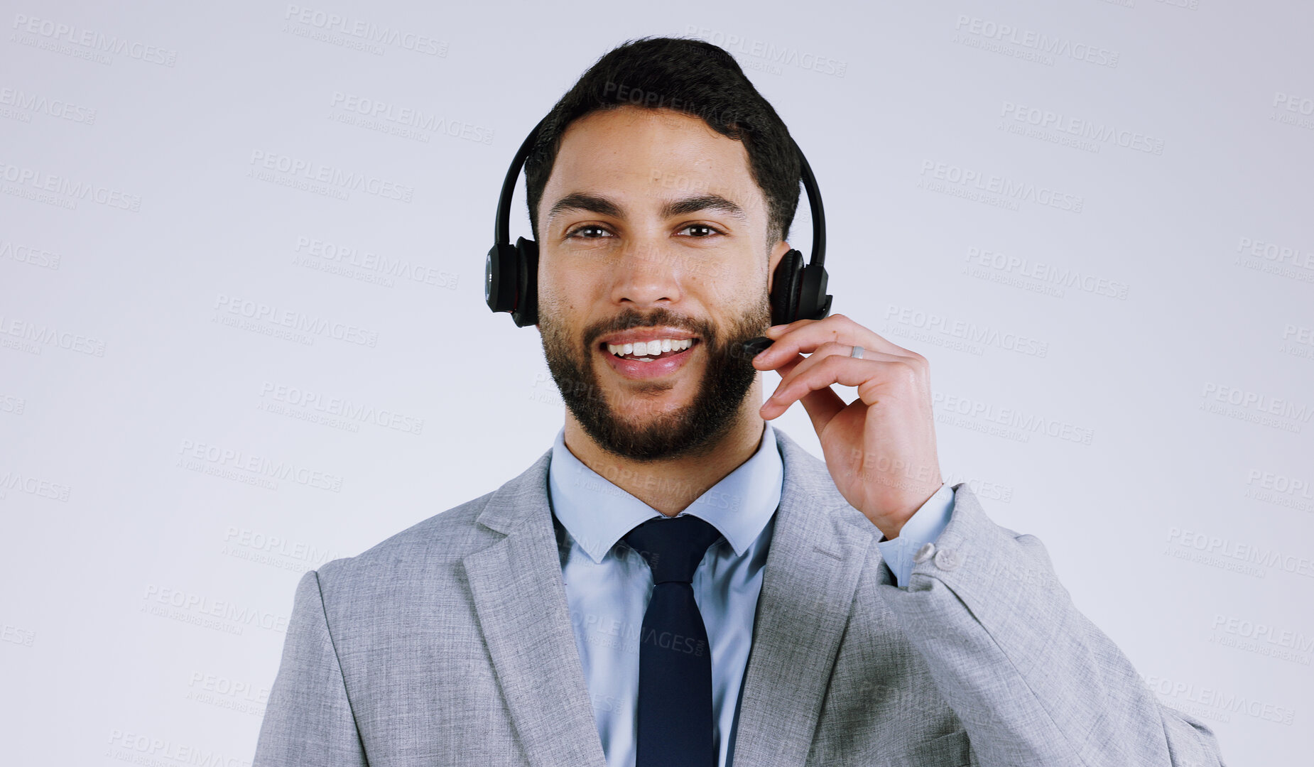 Buy stock photo Business man, call center and headphones for communication, customer support and e commerce service in studio. Portrait of Mexican consultant or agent for contact us isolated on a white background