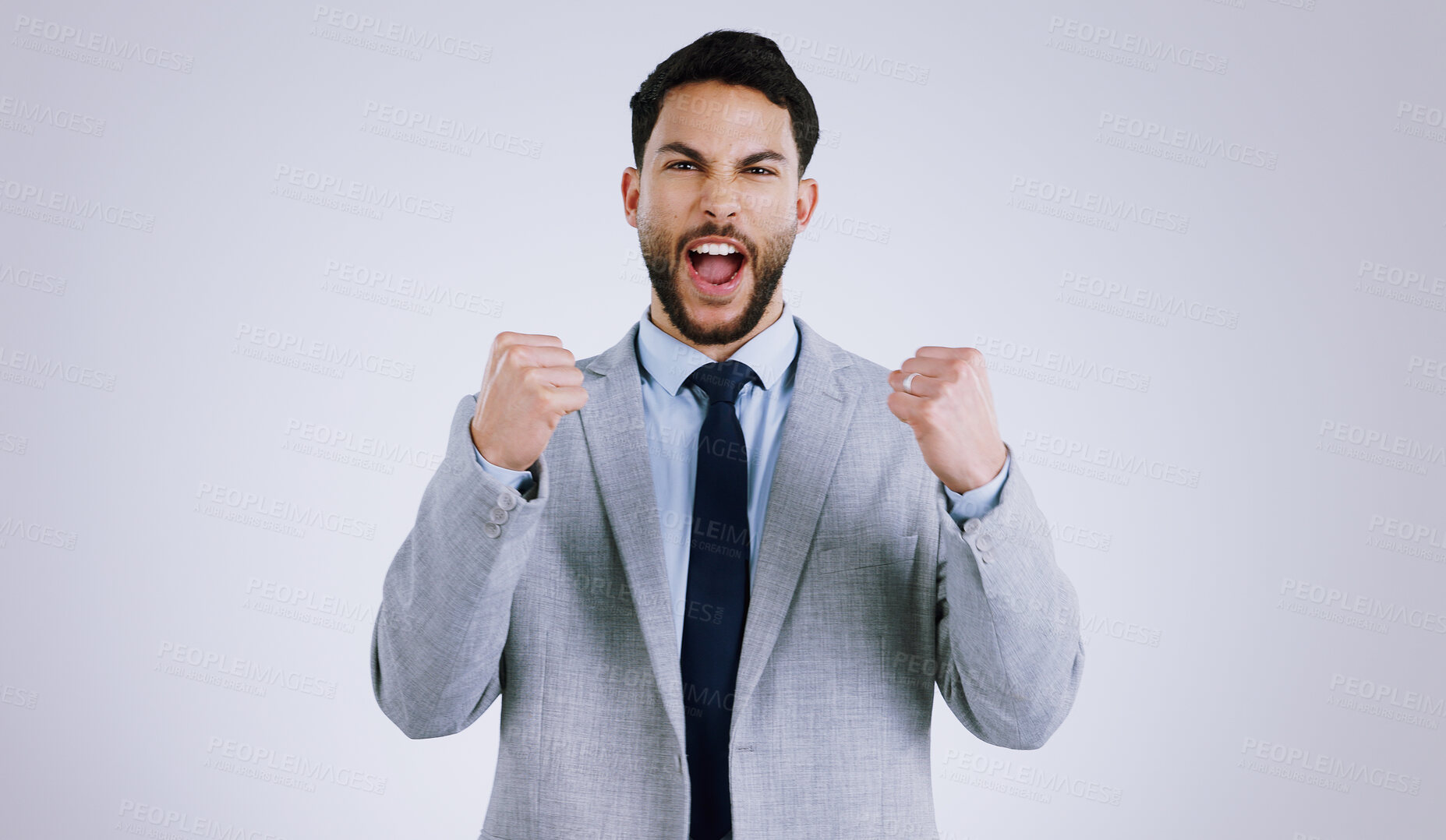 Buy stock photo Happy businessman, portrait and fist pump in celebration, winning or achievement against a gray studio background. Excited man employee in prize, good news or business promotion for success on mockup