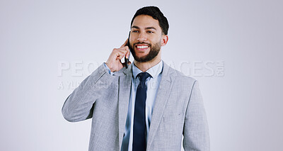 Buy stock photo Businessman, cellphone and call for networking, communication and isolated on studio background. Mobile, professional and smiling for business conversation, consulting and corporate accountant