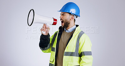 Buy stock photo Construction, angry man and megaphone for shouting in studio with mock up on white background in Mexico. Person, engineer or manager with frustrated face for loudspeaker, workplace and instruction