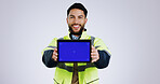 Engineering man, tablet green screen and presentation for renovation, architecture and design software in studio. Portrait of construction worker with digital technology mockup on a white background