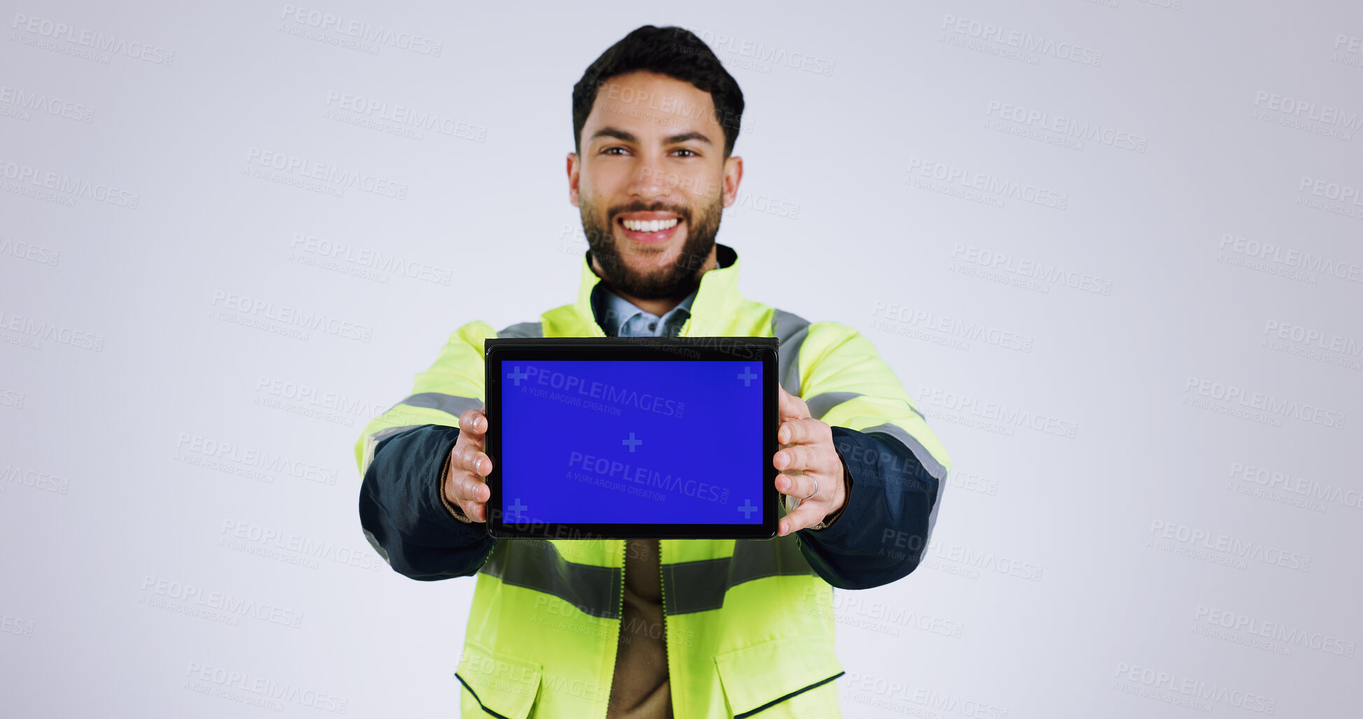 Buy stock photo Engineering man, tablet green screen and presentation for renovation, architecture and design software in studio. Portrait of construction worker with digital technology mockup on a white background