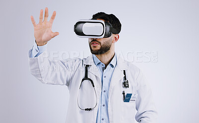 Buy stock photo Doctor, VR vision and glasses for medical software, metaverse, futuristic technology and digital experience in studio. Healthcare man with 3d screen, hands and virtual reality on a white background