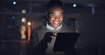 Buy stock photo Businessman, night and tablet with smile in office, reading search with career progress in company. Black man, happy or touchscreen for email on project growth, web or feedback on startup expansion