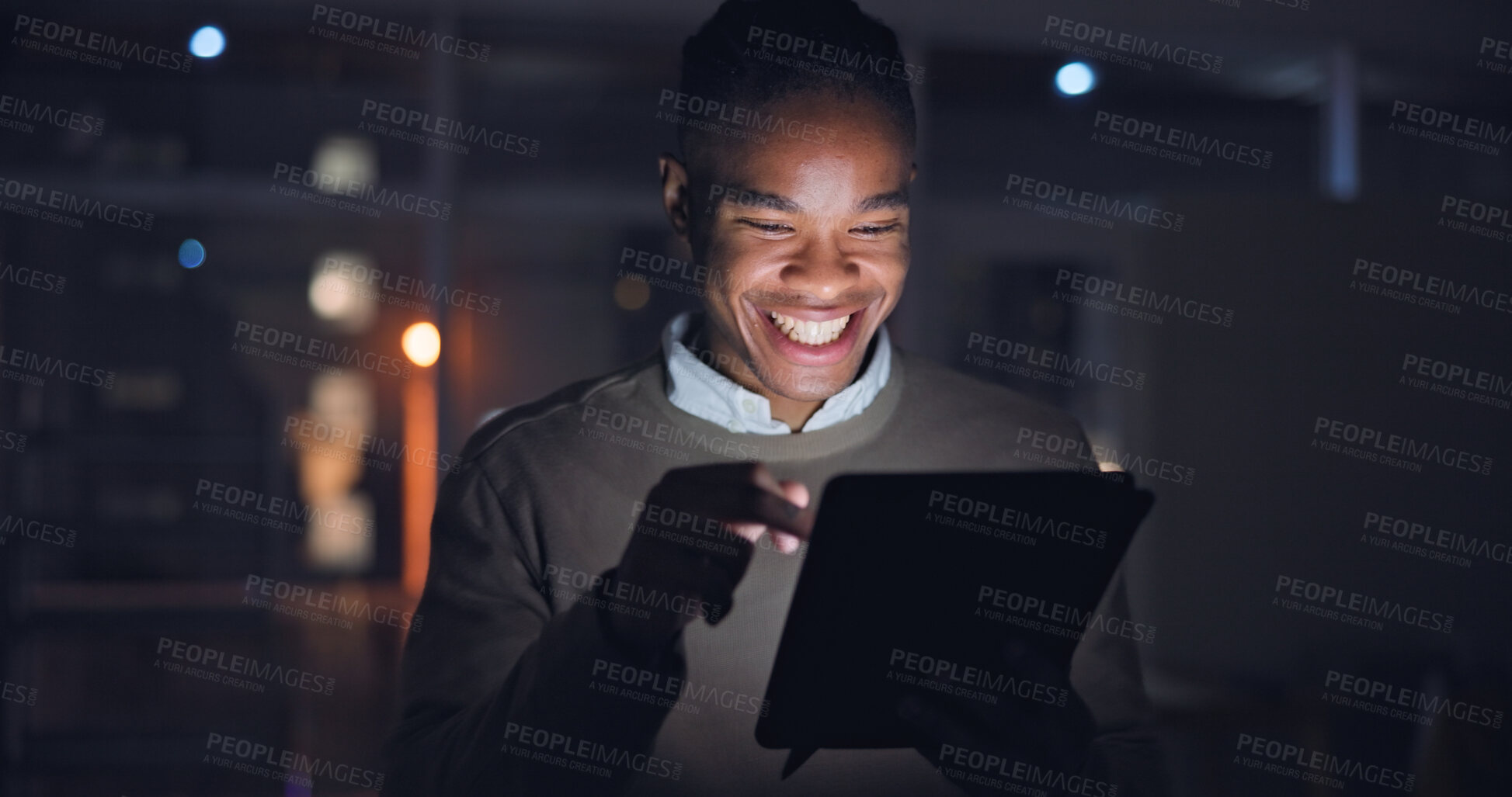 Buy stock photo Businessman, night and tablet with smile in office, reading search with career progress in company. Black man, happy or touchscreen for email on project growth, web or feedback on startup expansion