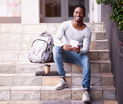 Buy stock photo Relax, college and tablet with portrait of black man for learning, education or research. Smile, social media and technology with male student on stairs of university campus for app, digital or study