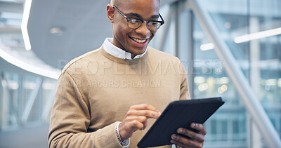 Man, tablet and office with happy for job, employee and glasses for future, vision and working. Businessman, career and person for occupation, workplace and corporate for company, face and smile
