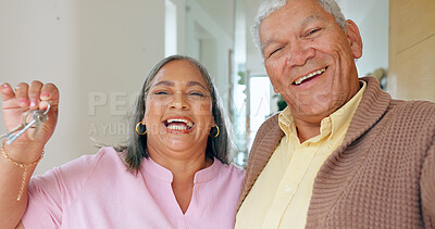 Buy stock photo New home, keys and selfie portrait of old couple excited for house, property investment and moving. Retirement, marriage and happy elderly man and woman for mortgage, rental and real estate purchase