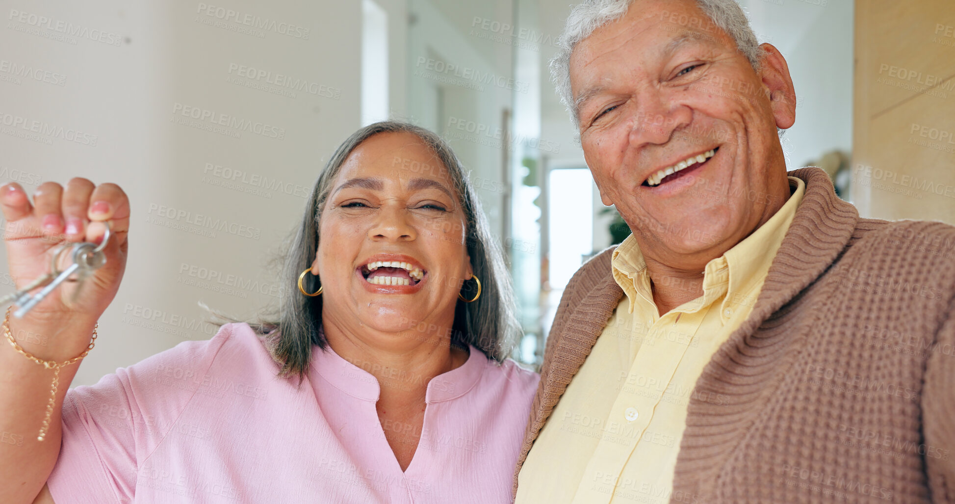 Buy stock photo New home, keys and selfie portrait of old couple excited for house, property investment and moving. Retirement, marriage and happy elderly man and woman for mortgage, rental and real estate purchase