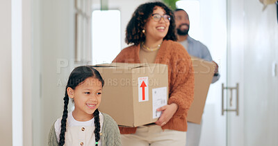 Happy family with boxes, moving and new home with property mortgage, future opportunity and security. Mother, father and child together in apartment, real estate investment and cardboard box in house
