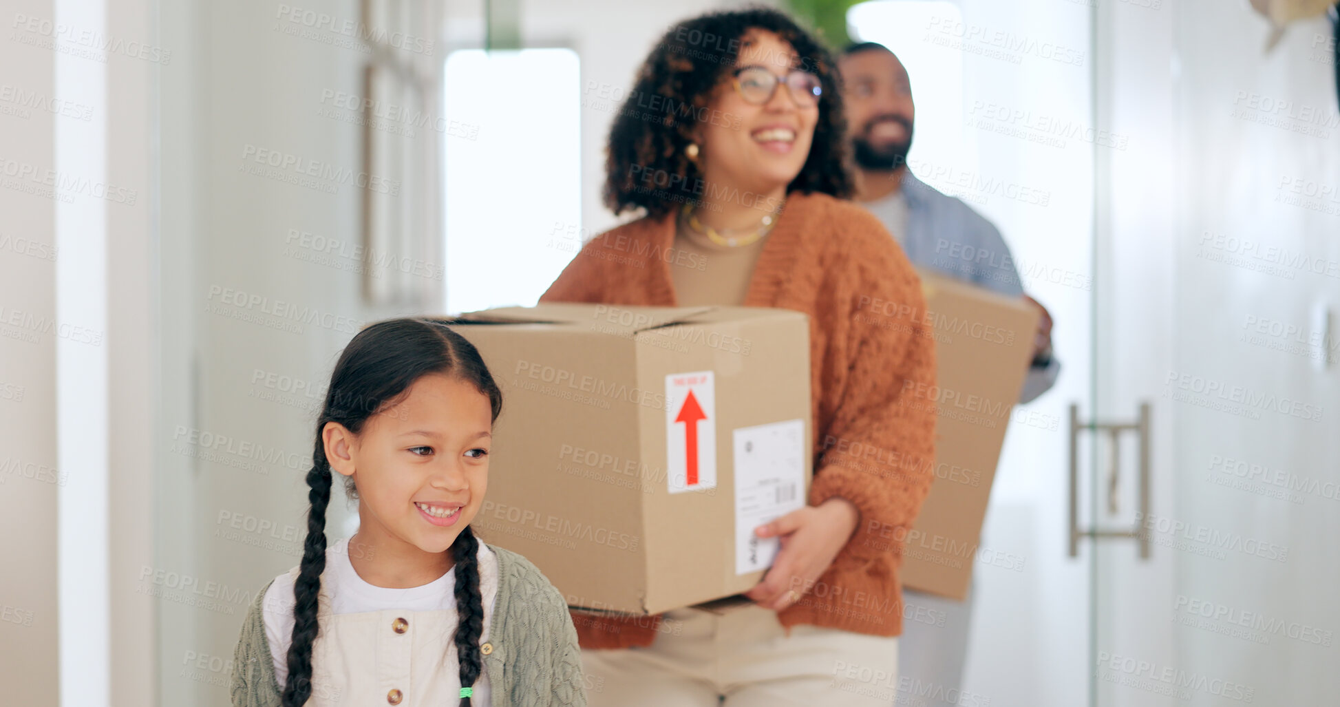 Buy stock photo Happy family with boxes, moving and new home with property mortgage, future opportunity and security. Mother, father and child together in apartment, real estate investment and cardboard box in house