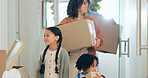 Parents, children and boxes, moving and new home with property mortgage, future opportunity and security. Mother, father and happy kids together in apartment, real estate investment and cardboard box