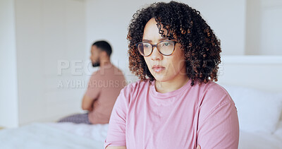 Buy stock photo Divorce, fight and couple on a bed angry, stress or frustrated, ignore or overthinking in their home. Conflict, marriage and sad people in a bedroom with cheating crisis, dispute or commitment doubt