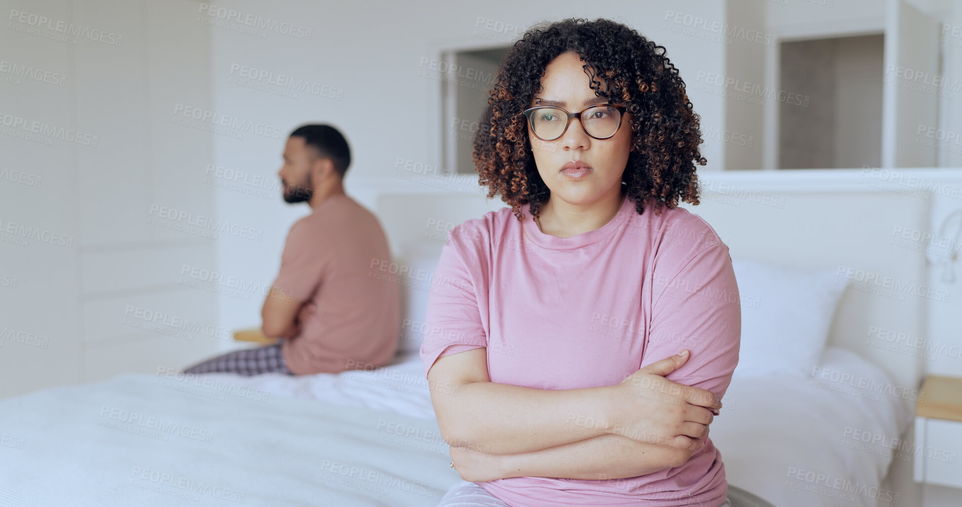 Buy stock photo Ignore, stress and divorce with couple on a bed, frustrated and conflict with anger, cheating and infidelity. Bedroom, man or woman with separation, anxiety or fighting with depression, home or toxic