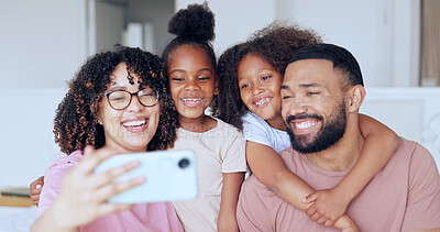 Buy stock photo Family in selfie with kids in bedroom, morning bonding together for love or memory in home. Photography, happy face and parents with children in home with smile, relax with mother and father in house