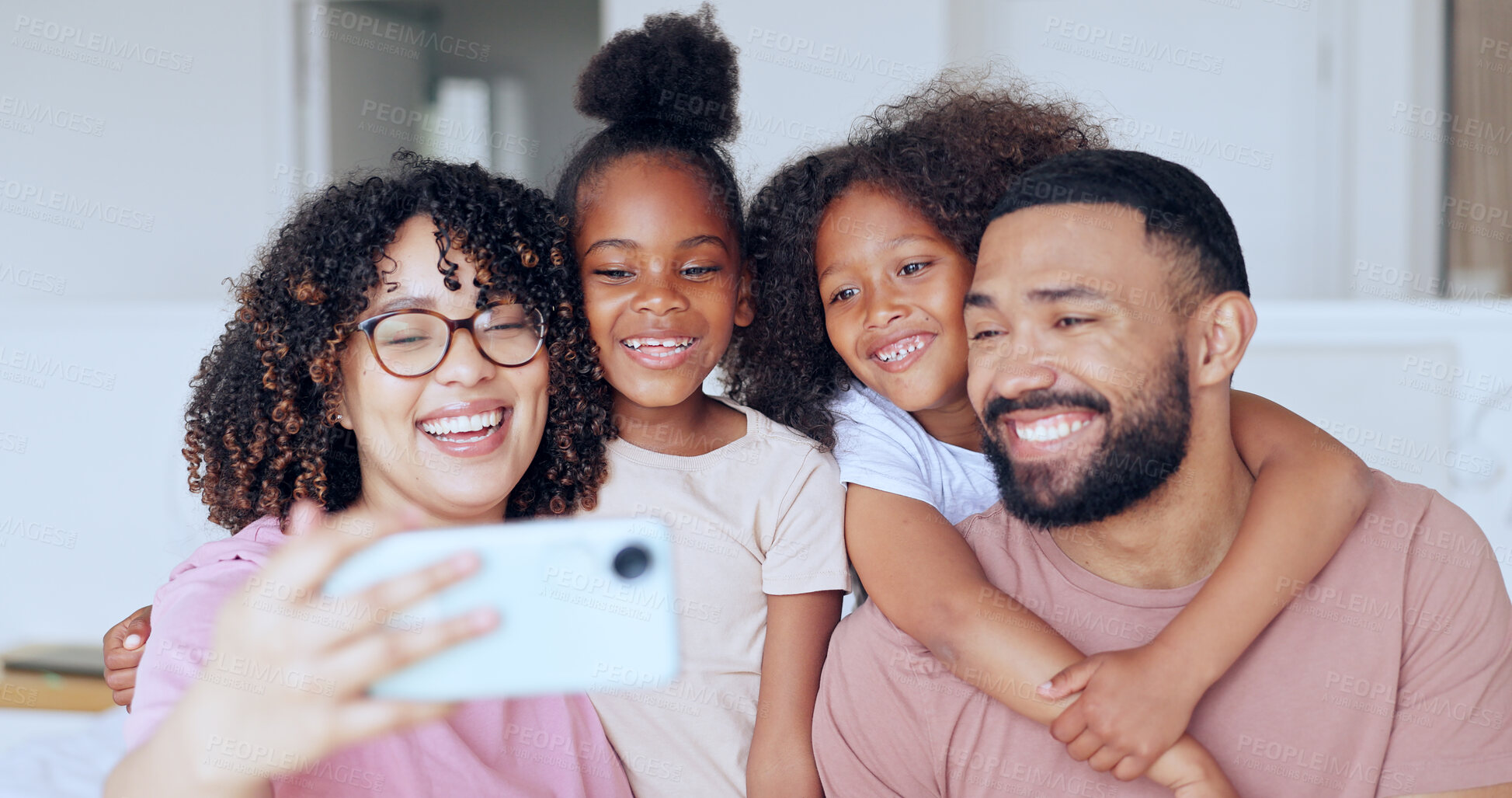 Buy stock photo Family in selfie with kids in bedroom, morning bonding together for love or memory in home. Photography, happy face and parents with children in home with smile, relax with mother and father in house