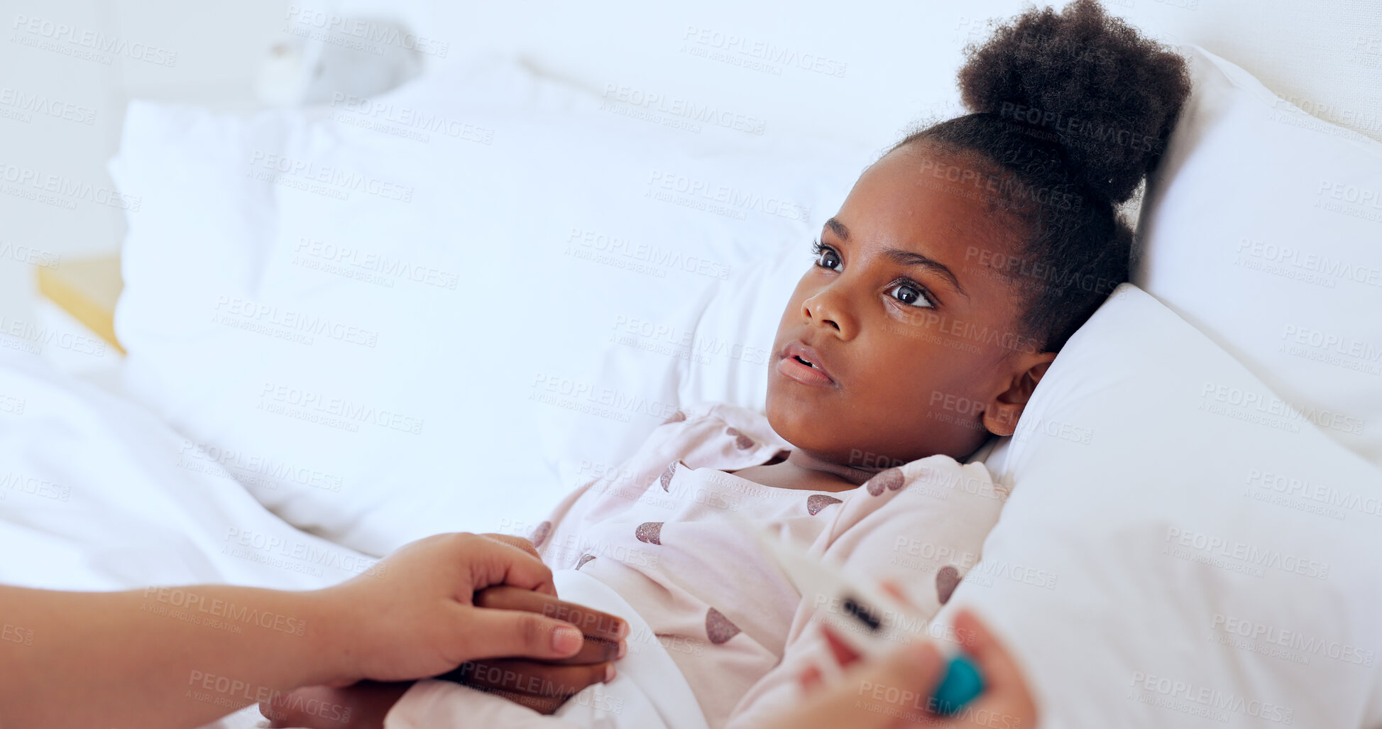 Buy stock photo Sick, kids or a girl with a fever in bed to relax or recover and a parent in the home to care or check. Black family, children and an unhealthy daughter in the bedroom of an apartment with an illness