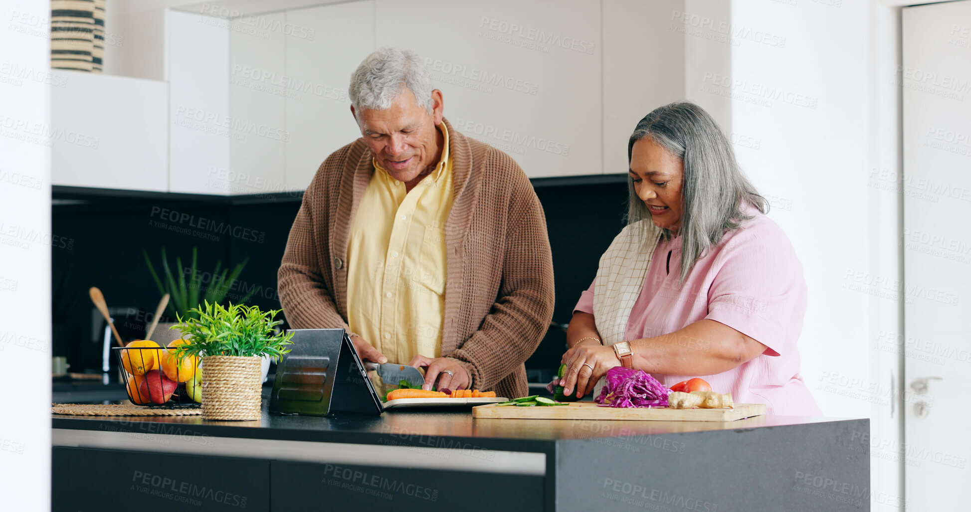 Buy stock photo Elderly, couple and cooking in kitchen with smile for dinner, lunch or vegetables with support, help and love. Senior, man and woman with happiness, peace and nutrition for bonding or relationship