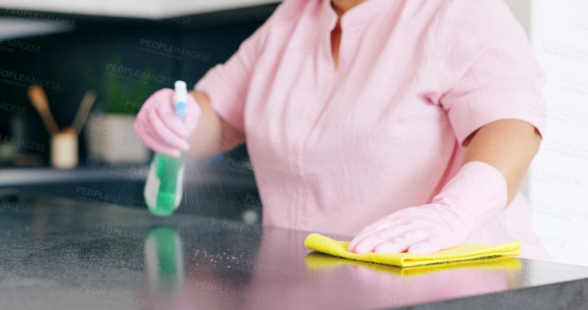 Buy stock photo Cleaning, woman or spray on kitchen counter with detergent, housekeeper or service for home hygiene. Hands, person and cloth in housekeeping to shine, sanitizer and disinfectant for surface in house